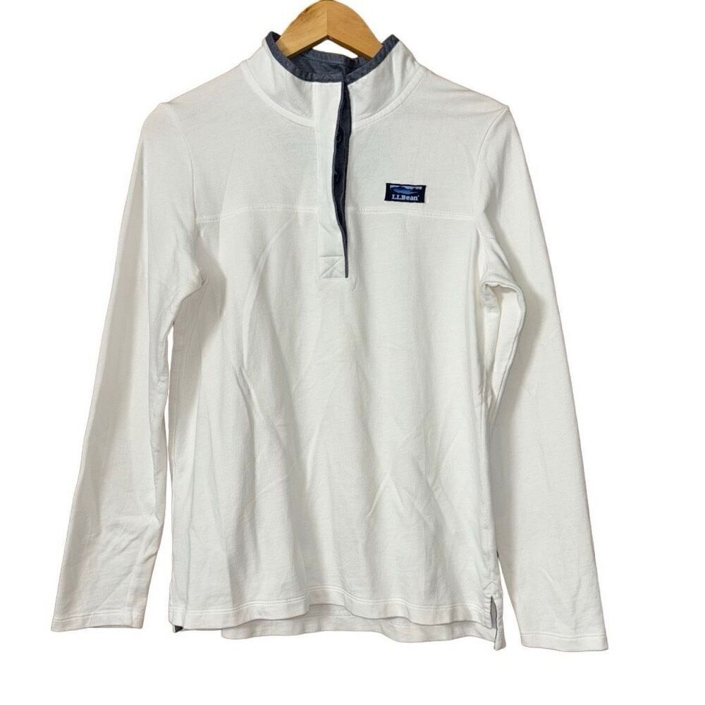 LL Bean Soft Cotton 1/4 Button Pullover Sweater Small Long Sleeve Logo White